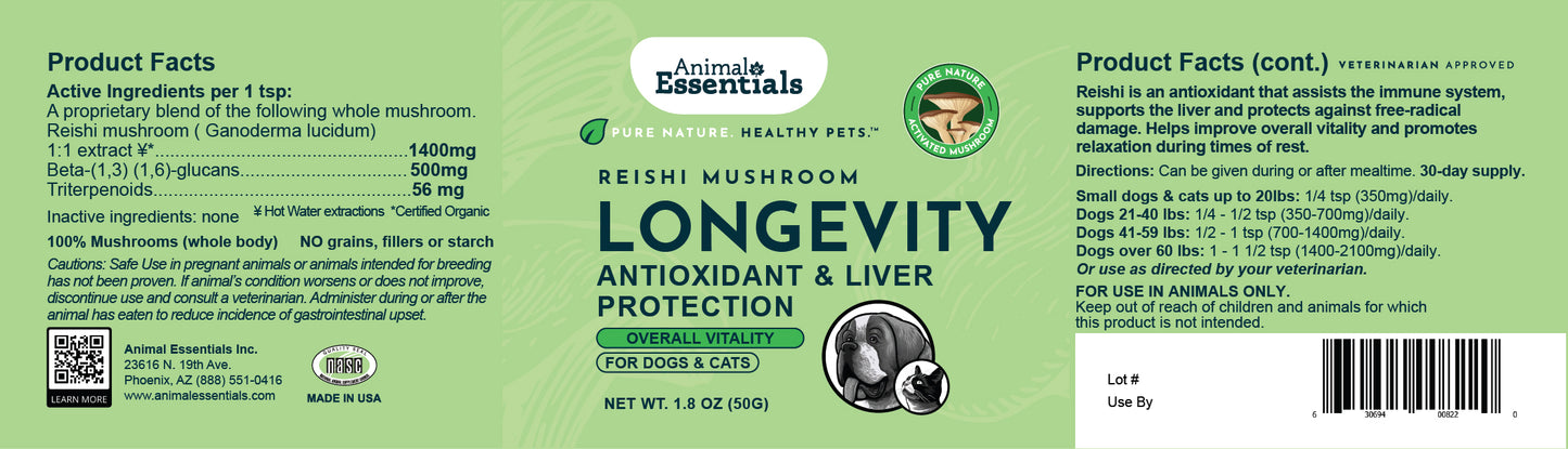 LONGEVITY - Reishi mushroom powder extract for Dogs & Cats