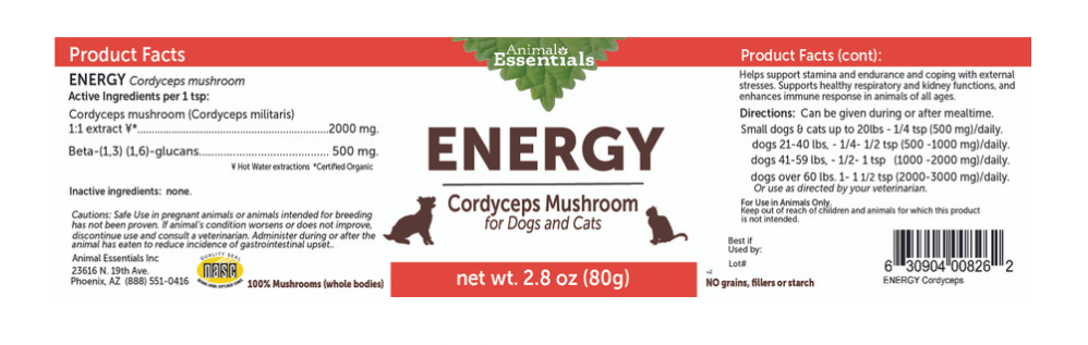 ENERGY Cordyceps mushroom powder extract for Dogs & Cats